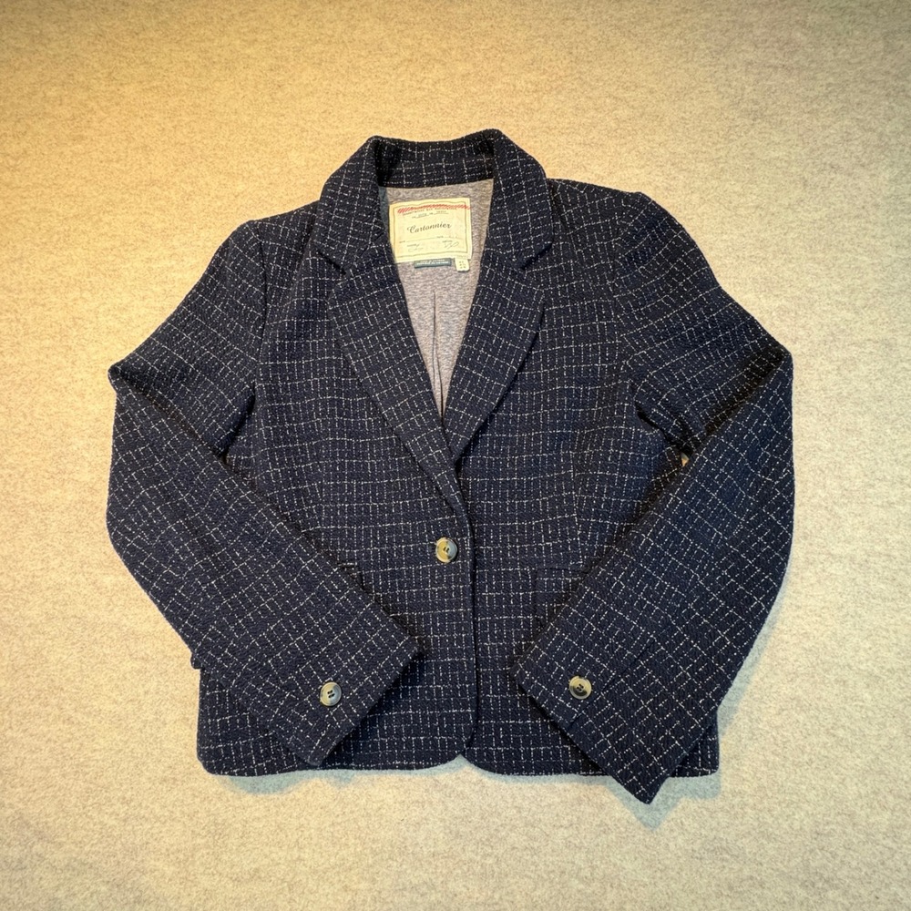Cartonnier Anthropologie Navy Blue Grid Textured Blazer Jacket Size 8